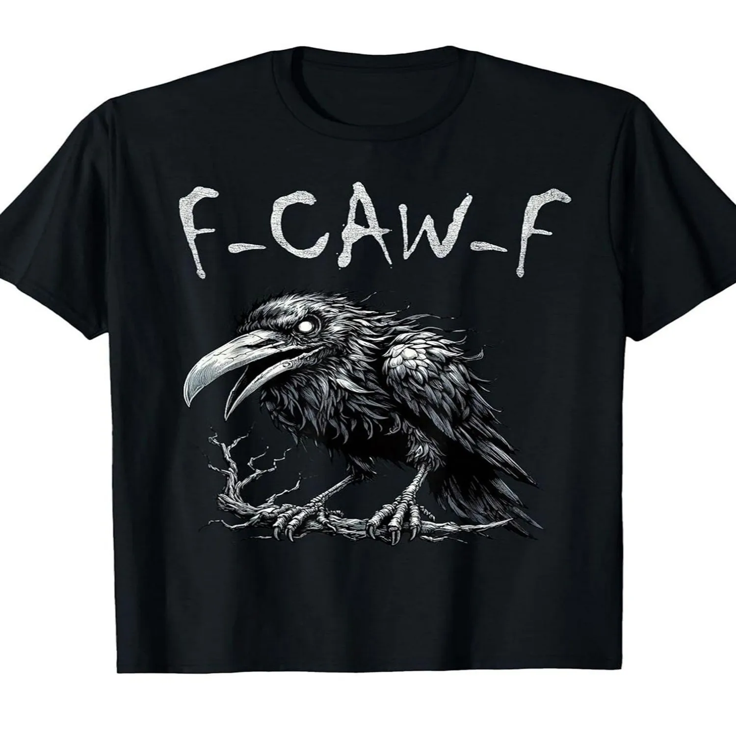 Men's Black Vintage Crow Graphic TShirt with FCawF Lettering Bold Bird Print Retro Loose Fit Crew Neck DoubleNeedle Stitching Funny Crow Design Gift for Men Top for Daily Activities Crew Neck Dr Cotton Tee, Gift For Him