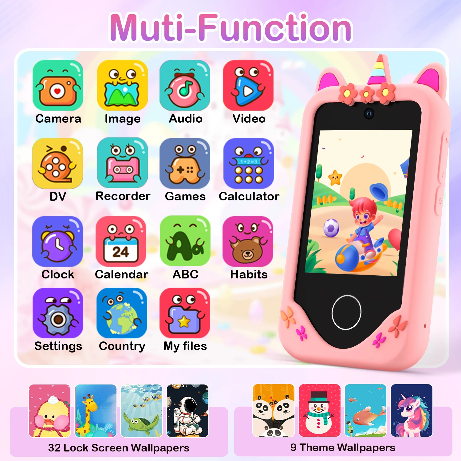 Giocattolo per telefono per bambini Unicorno - Fotocamera digitale touchscreen con MP3 Giocattolo educativo da 32 GB per ragazzi e ragazze di 3-8 anni