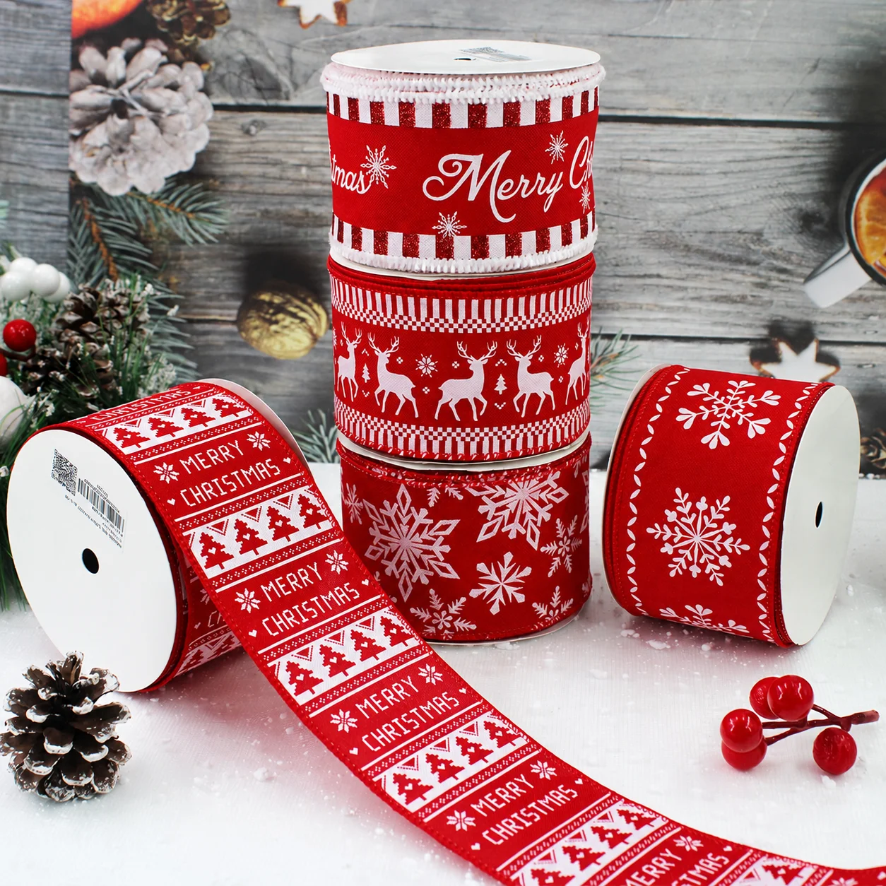 5yard/Roll Christmas Wired Edge Faux Linen Ribbon 2.5 Inch Red Holiday Ribbon For Wreaths Bows And Gift Wrapping DIY Accessories