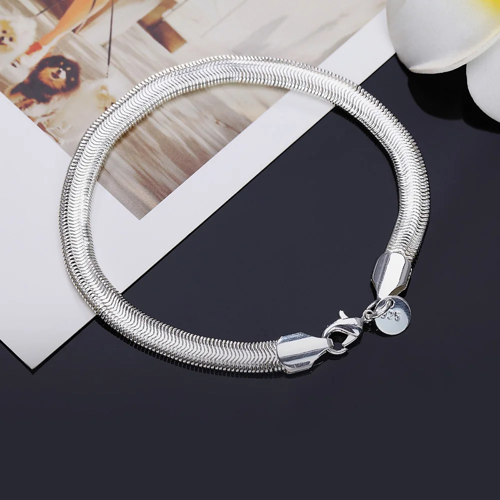 925 Sterling silver fine 6MM Flat soft snake bone chain Bracelets for women Wedding party Christmas Gift fashion Jewelry