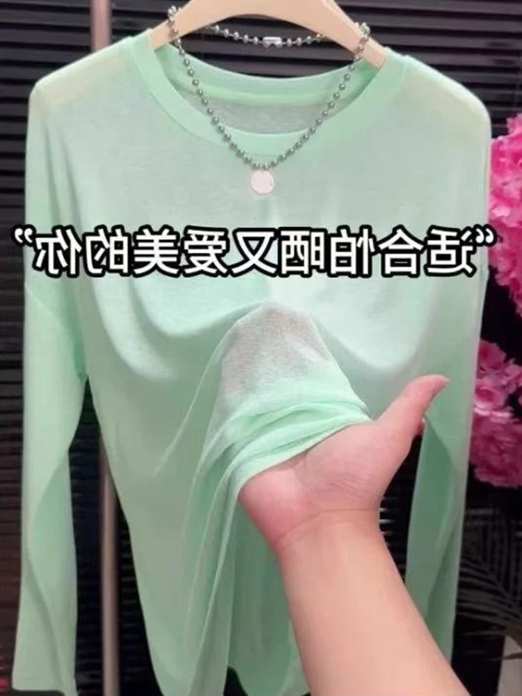 

Sun Protection Long Sve round Ne Women's Top Faionable Breathable Commute irt Korean Sle Straight Cut Silk Blend