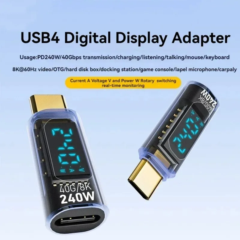 240W USB4 Type-C Adapter Digital Display Wattage Meter 8K@60Hz 40Gbps OTG Adapter for Thunderbolt3 Laptop Mobile Phone Charger