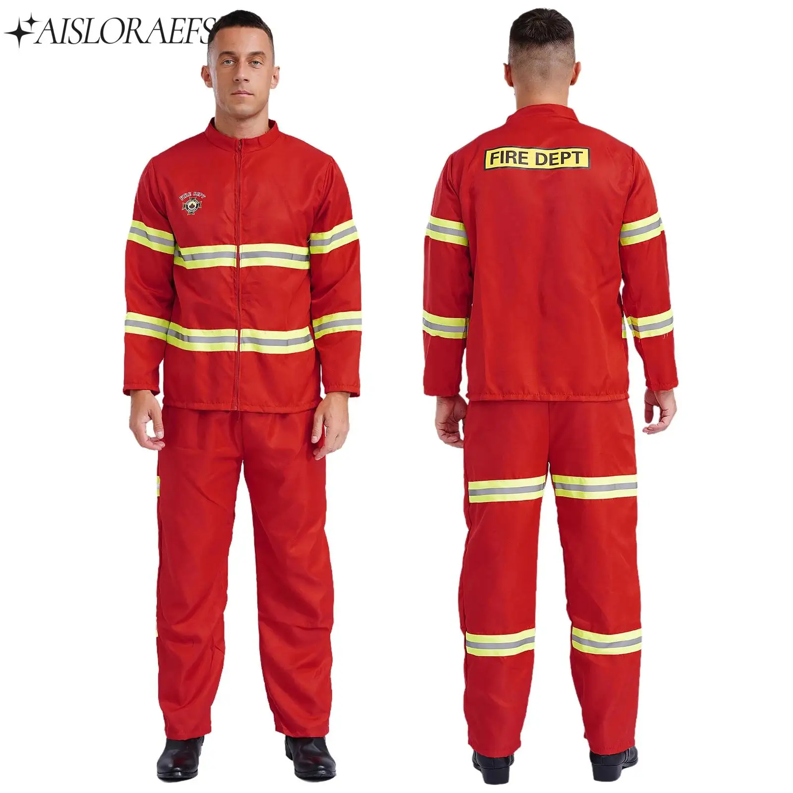 Men Fireman Halloween Cosplay Costume Buster Short Sleeve Overalls Firefighter Uniform Jumpsuits with Belt Plastic Helmet