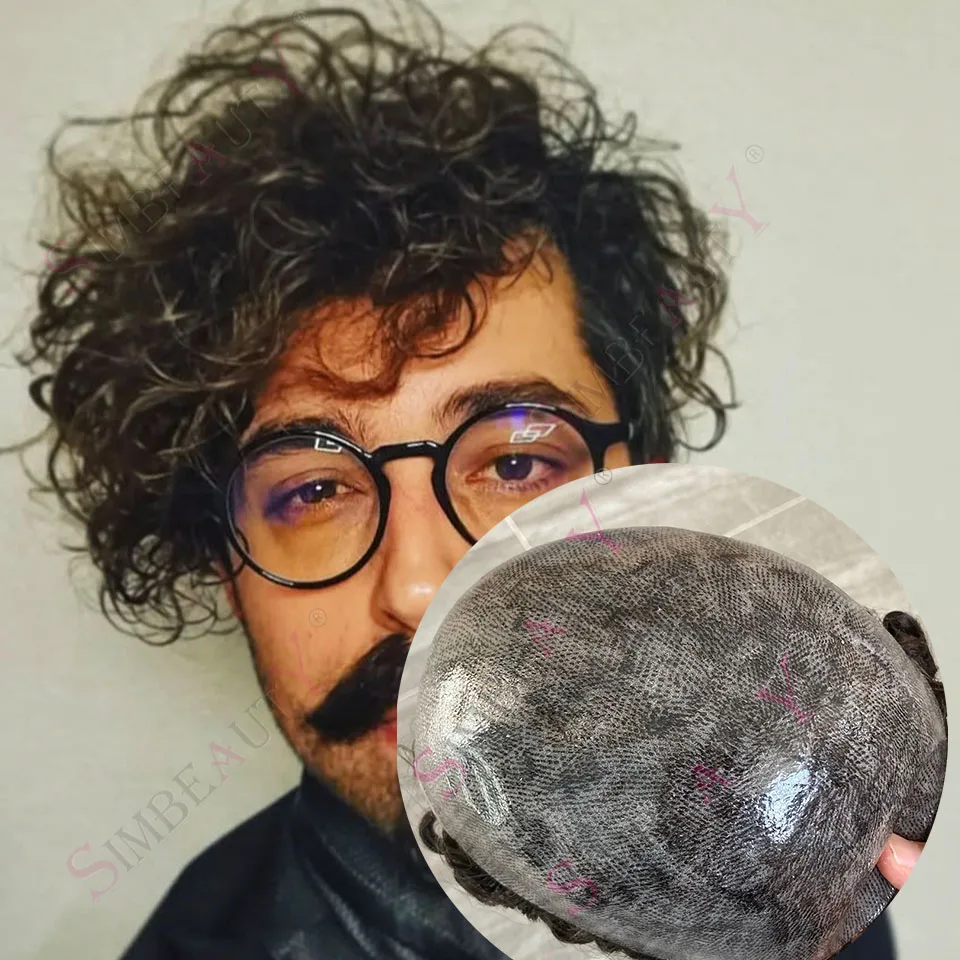 

28 мм вьющийся мужской парик из натуральных волос, 100% человеческие волосы, супер прочный машинный инъекционный парик для тонкой кожи, коричневый, черный, серый протез