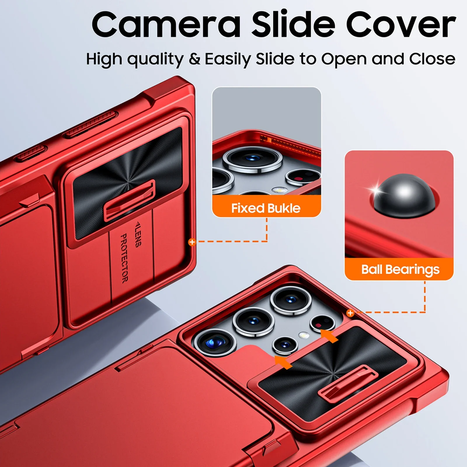 voor Samsung Galaxy S24 Ultra telefoonhoesje Glijdende camerahouder Kaarthouder Volledige dekking TPU schokbestendig telefoonhoesje-rood