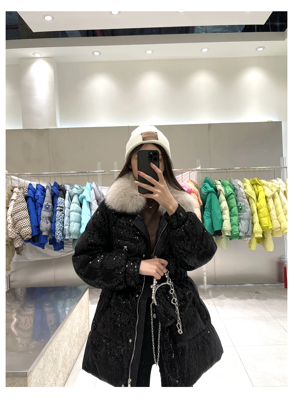 2025 vrouwen Winter 90% Witte Eend Donsjack Casual Dikker Puffer Jas Vrouwelijke Parka Pailletten Pailletten