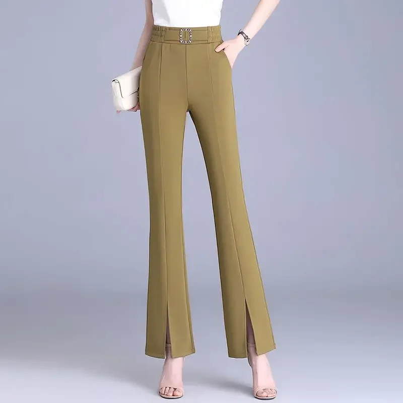 Temperament Versatile Summer Casual Open Micro Flare Suit Pants Women's Solid Elastic High Waist Pocket Straight Trouser E4719