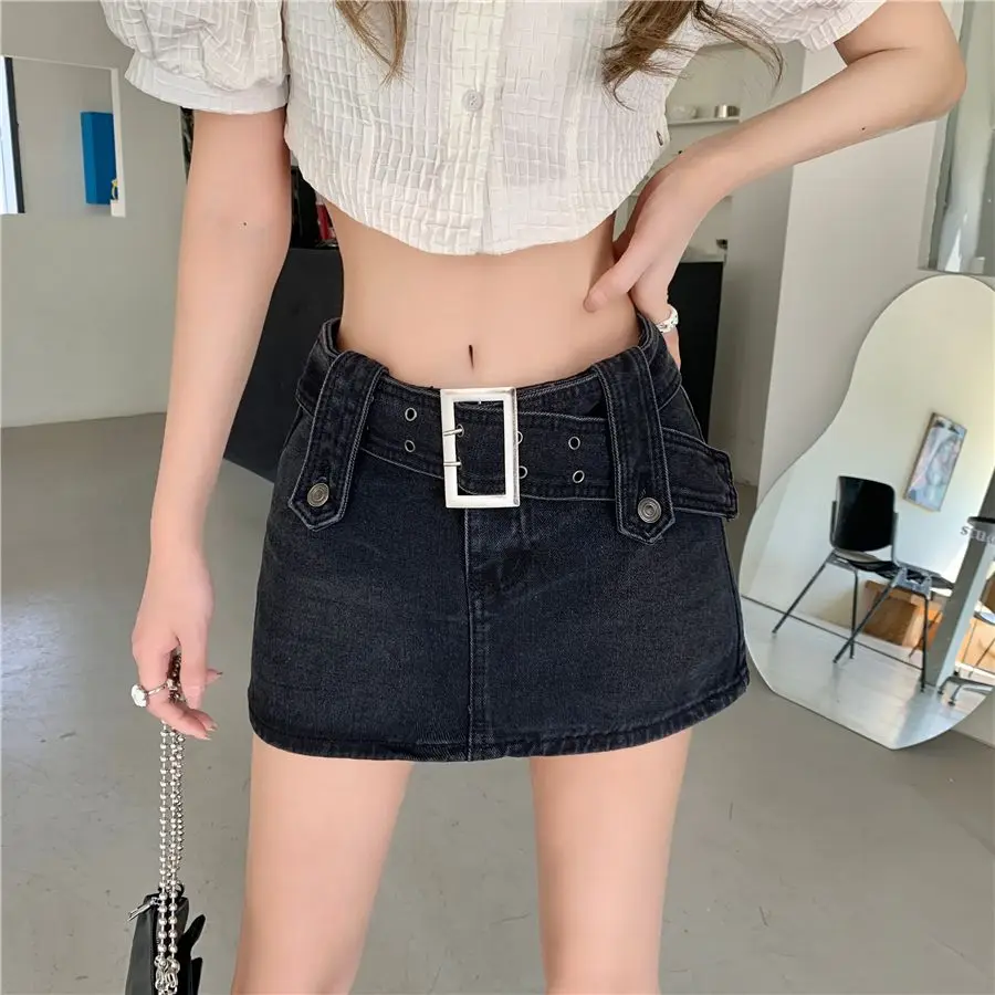 White High Waist Denim Skirt Female A-line Mini Skirt With Belt