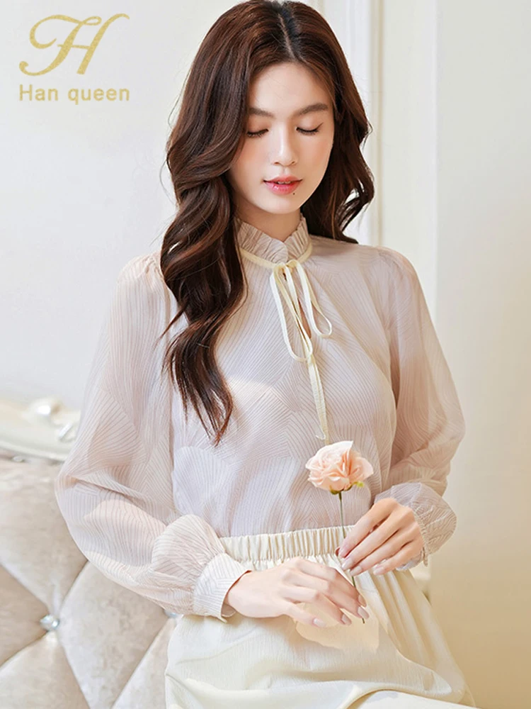 

H Han Queen Chic Lace-Up Women Blouses Office Work Loose Vintage Tops Korean Reviews Clothes Simple Autumn Long Sleeve Shirts