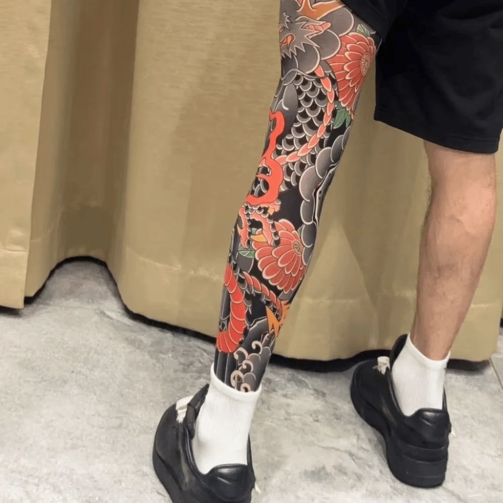 

1pc Dragon Japanese Style Tattoo Socks Elastic Thin Men Sun-proof Socks Seamless Breathable Full Leg Socking Summer