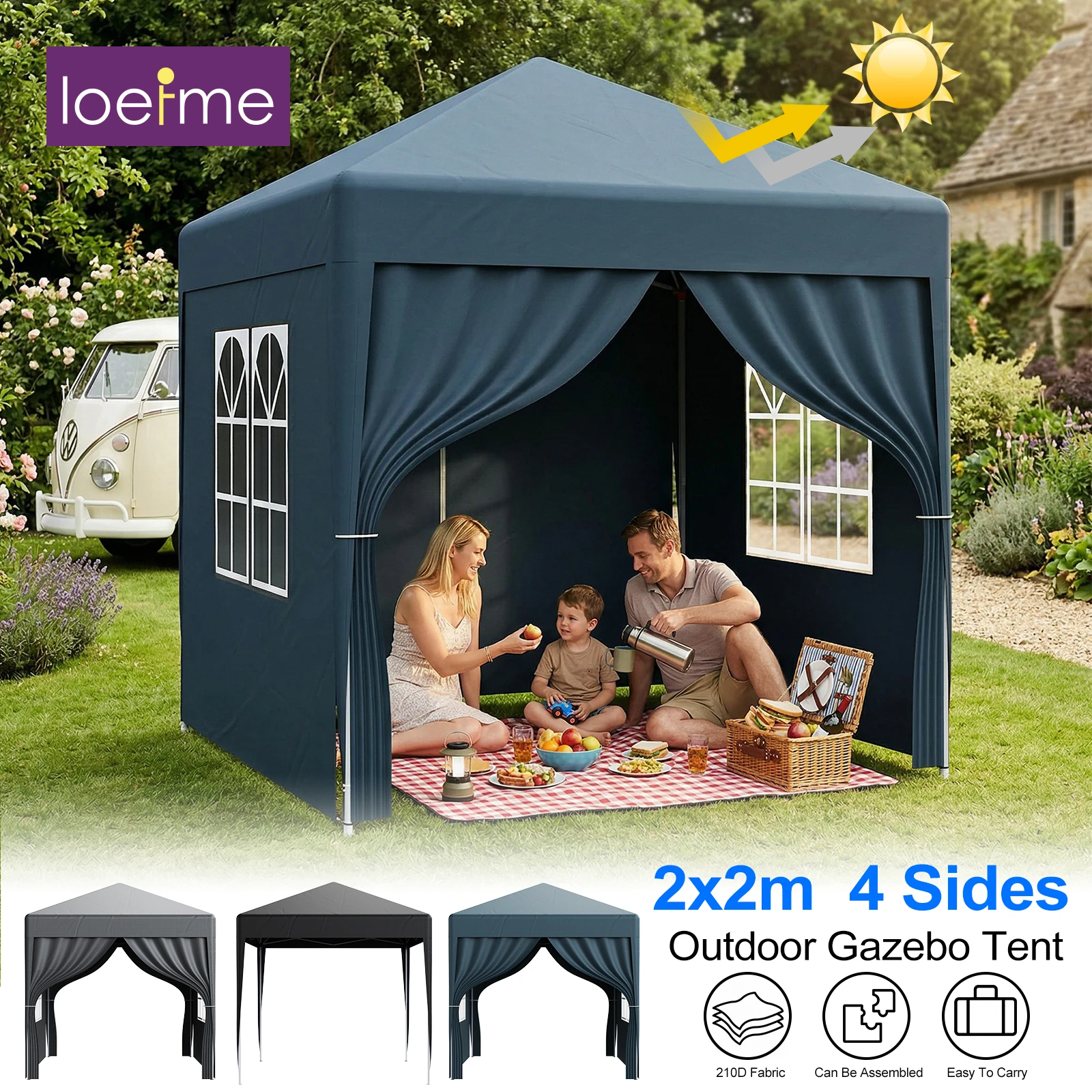 LOEFME 2x2M Pop Up Gazebo Waterproof Windproof Outdoor Canopy Sun Shelter W/ 4 Sides Removable Cloth Portable Party Camping Tent