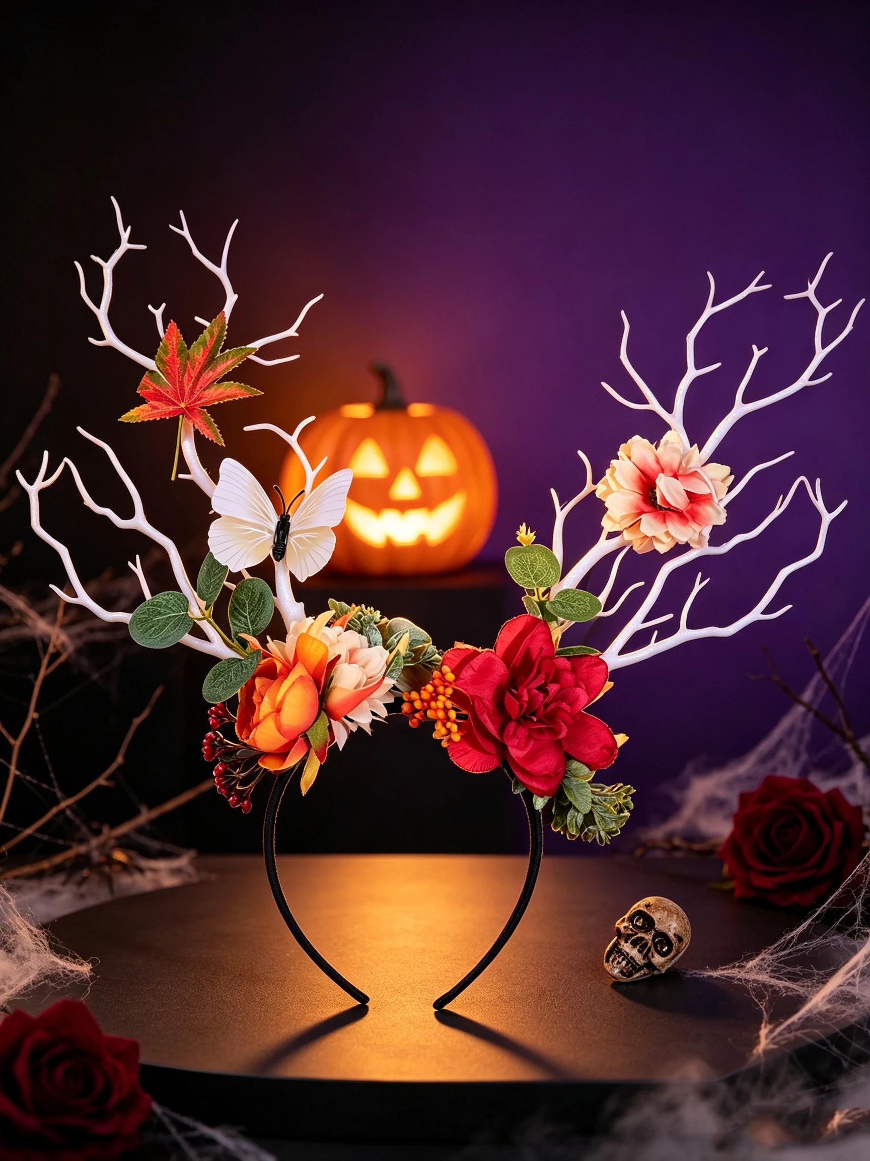Halloween White Branch Antler Headband, Red and Orange Artificial Flowers, Maple Leaves, Butterfly Berries Headpiece, Forest-Style Elf Cosplay Photo Shoot Ambiance Headband - view 6