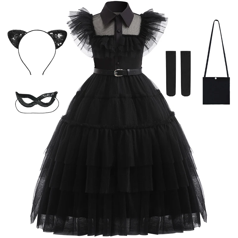 

Cosplay Wednesday Black Princess Dresses With Accessories For Babies Birthday Carnival Evening Long Dresse 3-12 Years