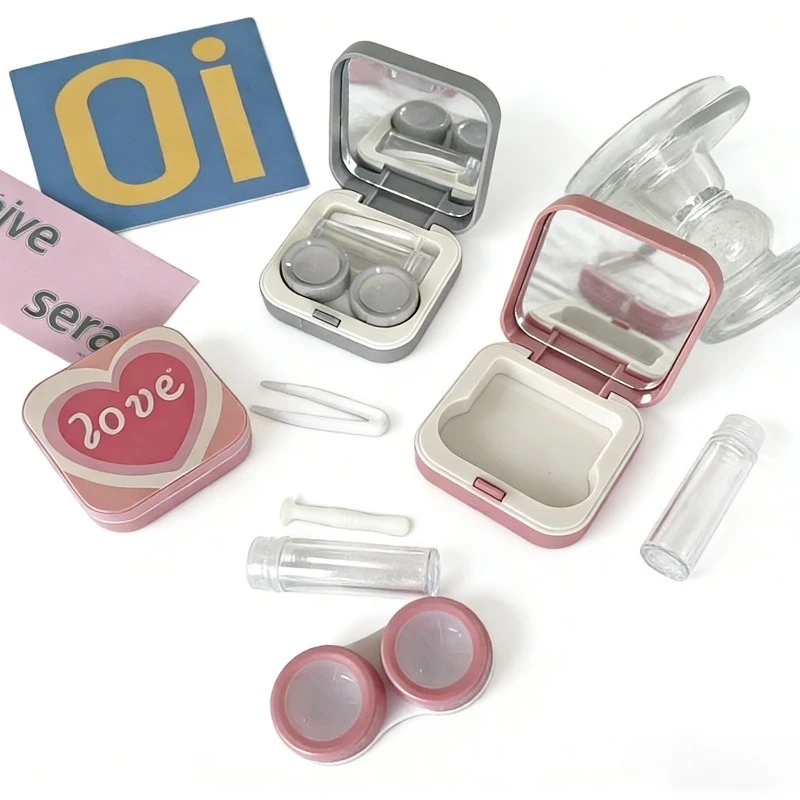 

Модный футляр для контактных линз, портативный контейнер для ухода за глазами с пинцетом, узор в виде сердечек