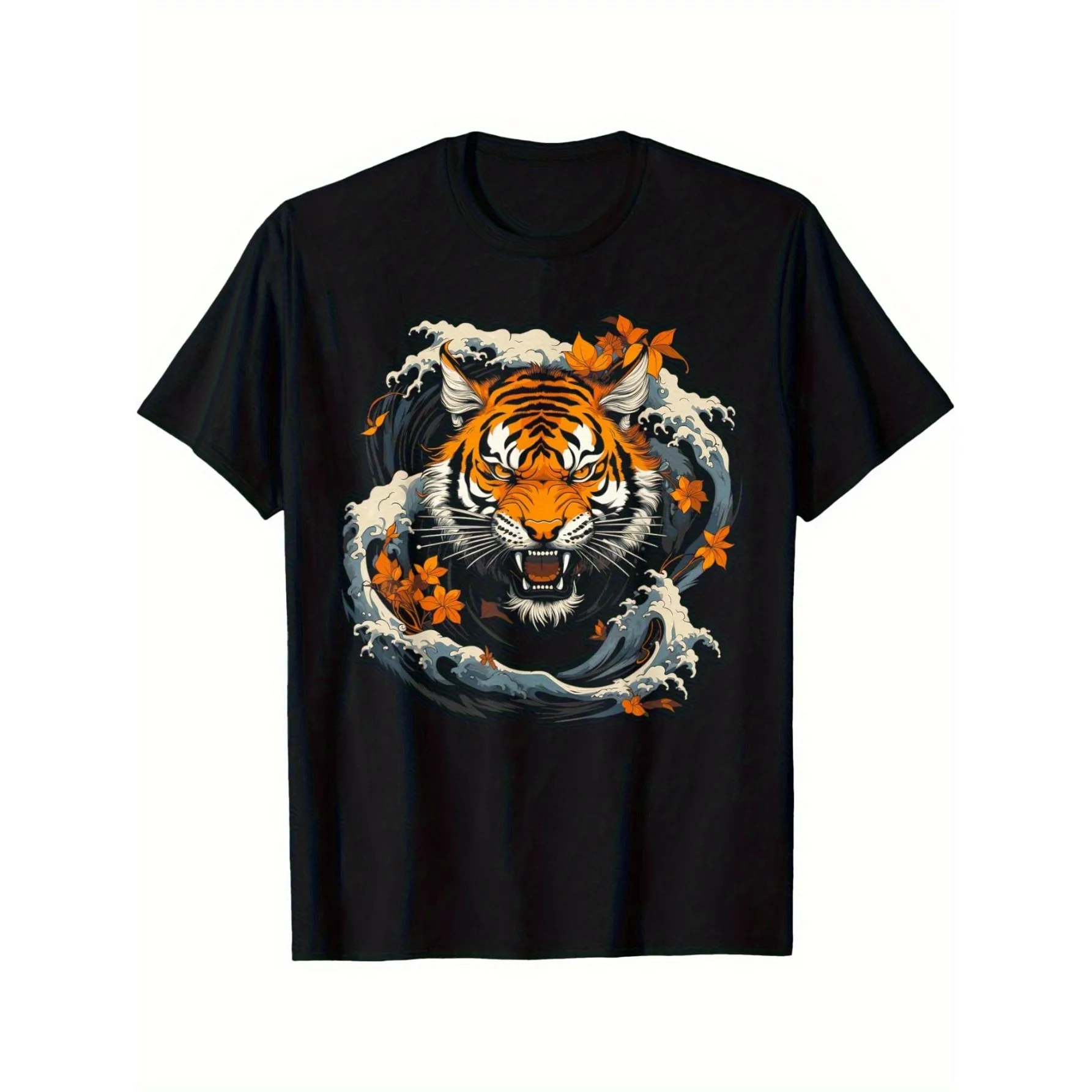 

Japanese Tiger Wave Graphic Tee Men's Breathable Cotton Short Sleeve T-Shirt Daily Casual