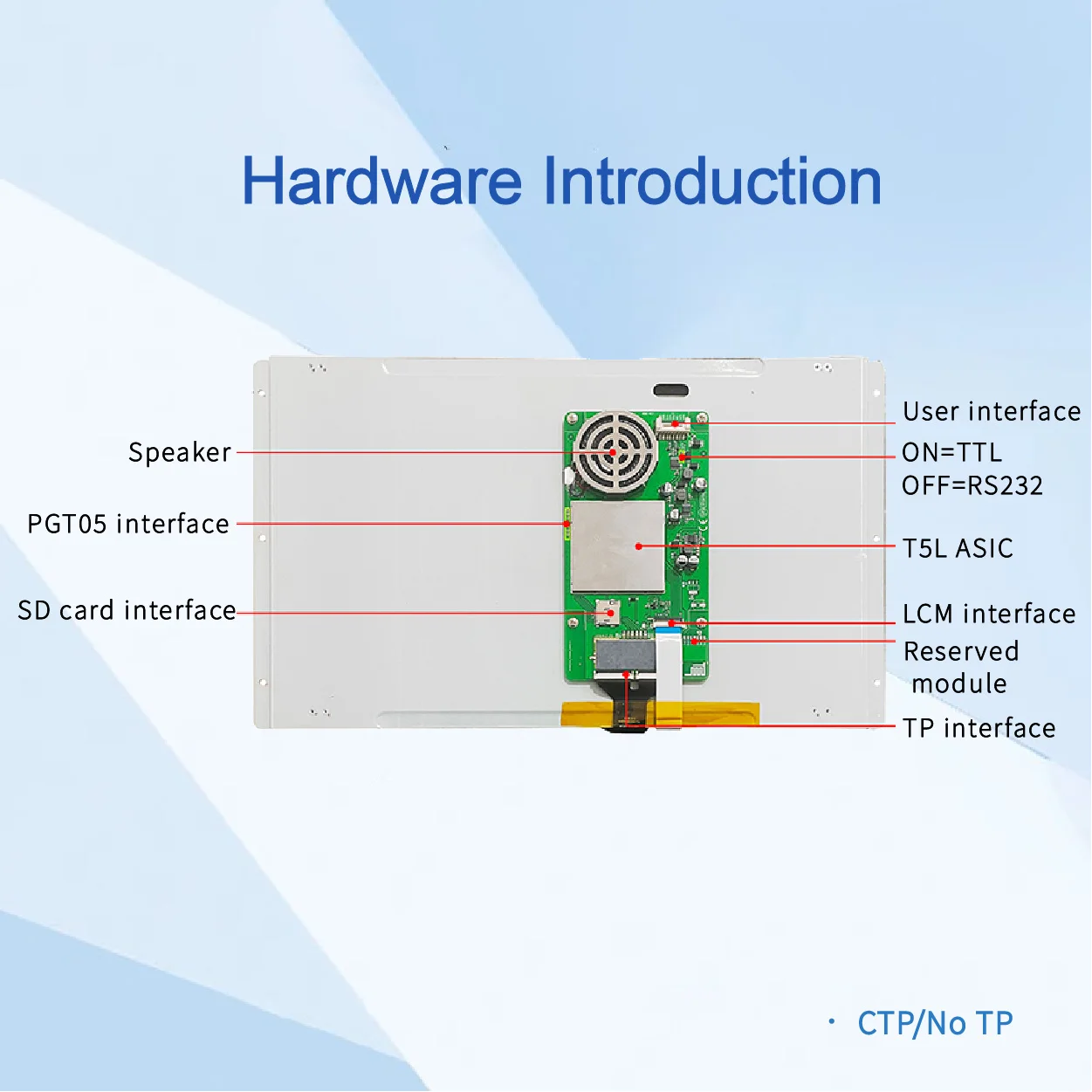 15.6-inch, 1366*768 Pixels Resolution, 262K Colors, TN-TFT-LCD, Normal Viewing Angle TTL/RS232 DMG13768C156_03W