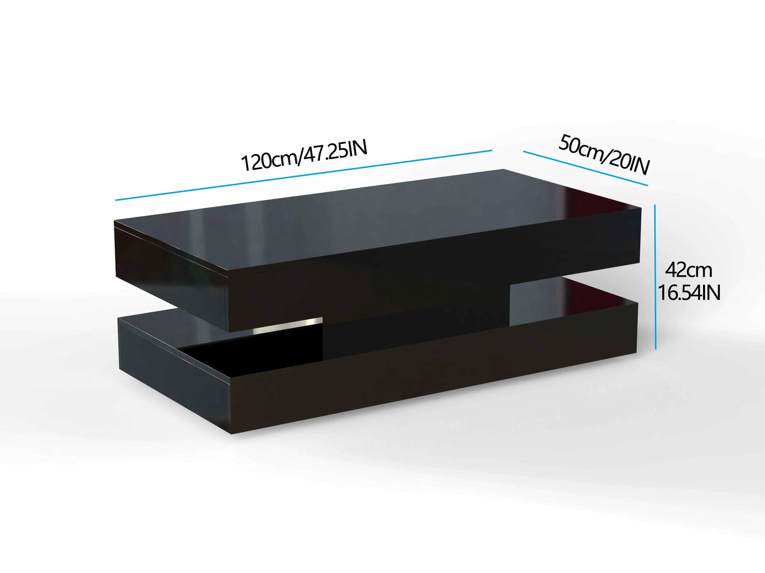 Table basse rectangulaire à LED à 2 niveaux avec 2 égouts de proximité de stockage, table centrale moderne à haute brillance avec 20 lumières LED de couleurs, contrôle par distance