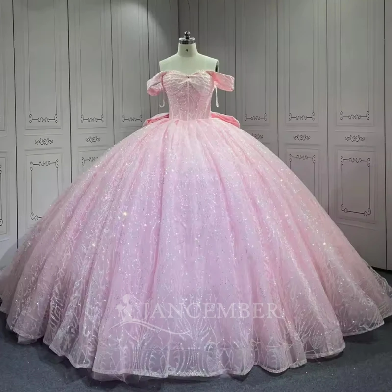 

Pink Shiny Quinceanera Dresses Off The Shoulder Sequin Applique Lace Beading Crystal Bow Tull Party Birthday Sweet 16 Dress Vest