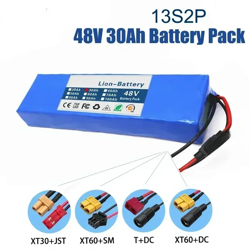 48V 30Ah 18650 Lithium-Akkupack 13S2P 54,6V 30000mAh Wiederaufladbarer Akkupack mit BMS für kompatible Geräte