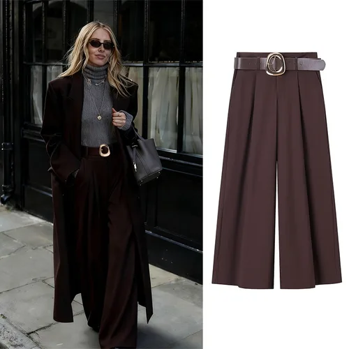 CharmChant pantalones anchos marrones con cinturón para mujer otoño 2025 cintura alta Y2k pantalones holgados elegantes de gran tamaño para mujer pantalones