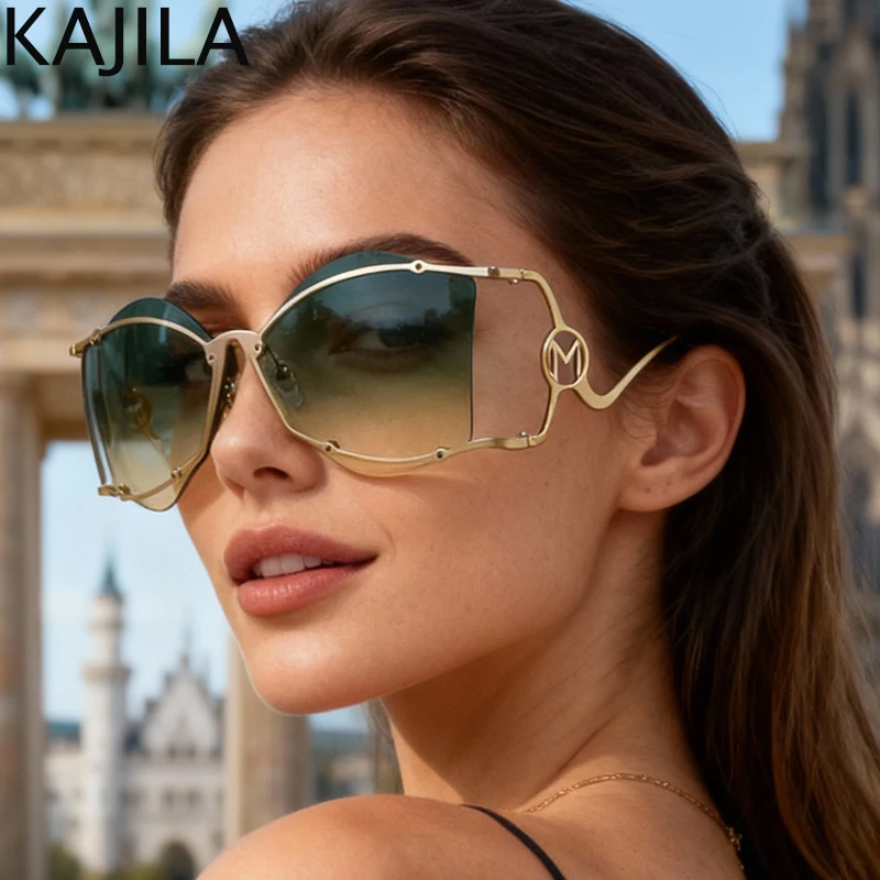 

Oversized Irregular Rimless Punk Shiled Sunglasses Women 2025 Luxury Brand Metal Frame Travelling Sun Glasses For Ladies UV400