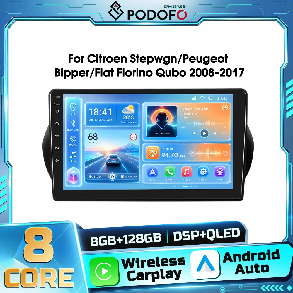 Autoradio Android 2din Podofo 8core per Citroen Nemo, Peugeot Bipper, Fiat Fiorino, Qubo 2008-2017, Navigazione GPS, Carplay Wireless, Android Auto, WIFI, DSP, FM, RDS, Bluetooth, Ricevitore Autoradio