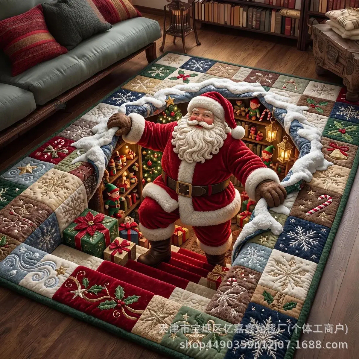 VIKAMA Christmas Area Rug Red 3D Spiral Tunnel Santa Claus Quilted Soft Plush Carpet Holiday Living Room Bedroom Xmas Decor Rug