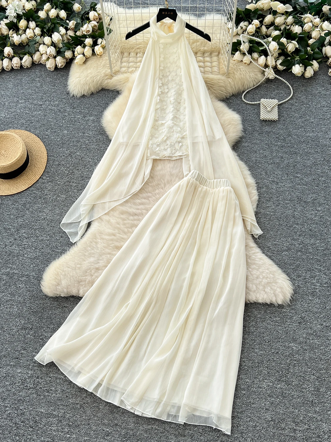 

Summer Vaion Fairy T Heavy Embellied Floral Ne Hanging Svel Top High Waist Dra f Skirt Faion Set