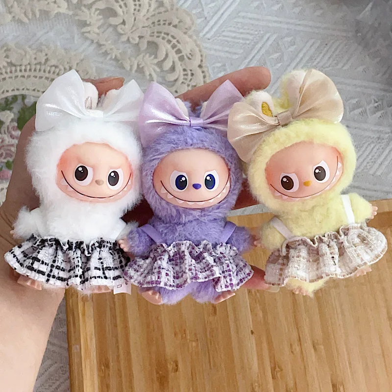 

Clothes For 10cm Mini Labubu 4.0 Doll Macaron-Colored Fragrance-Style Suspender Skirt With Bow Headband Hair Accessory