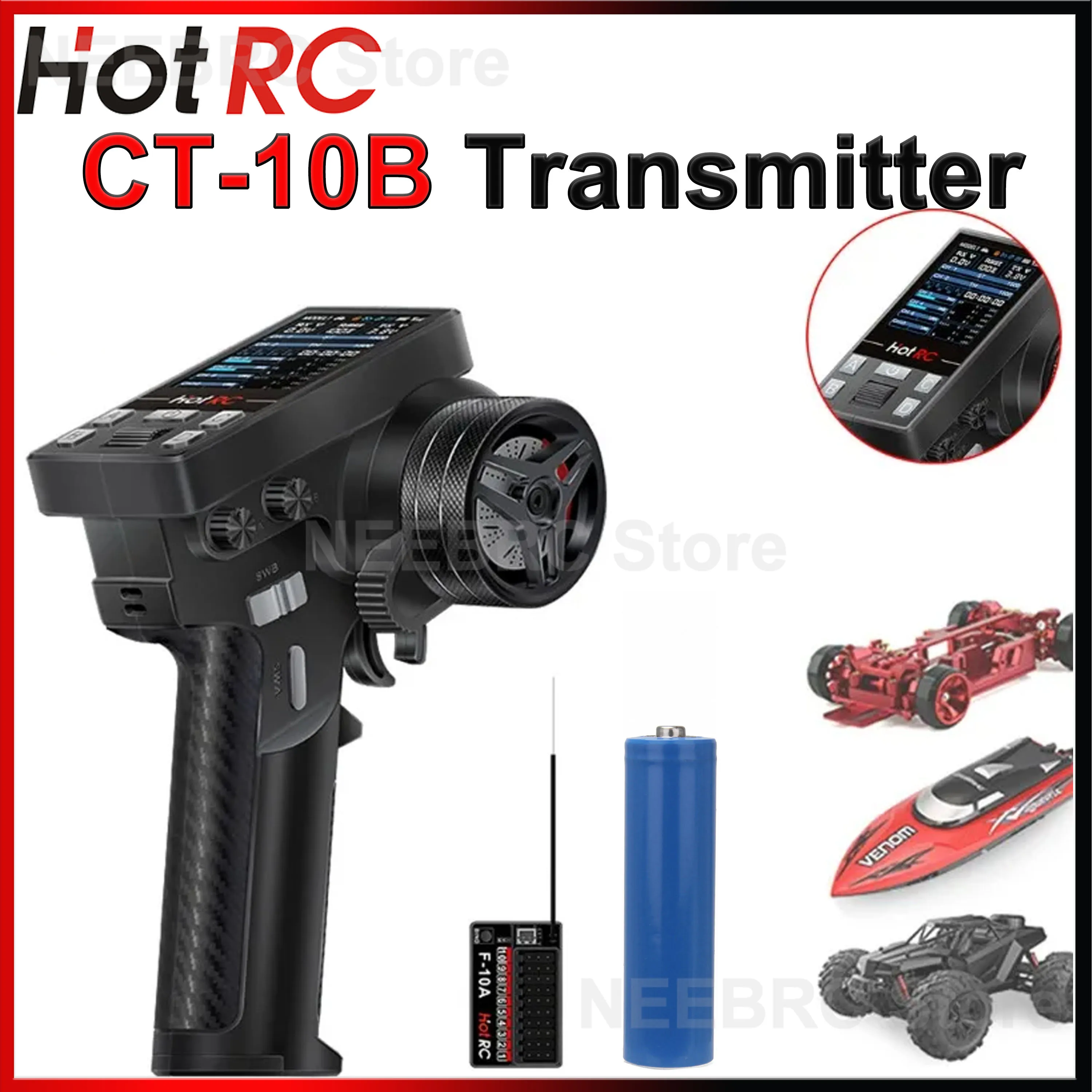 HotRC CT-10B 10CH Remote Control Color Screen Transmitter F-10A F-10AT Receiver 18650 Battery for RC Car Plane Tank Boat Model