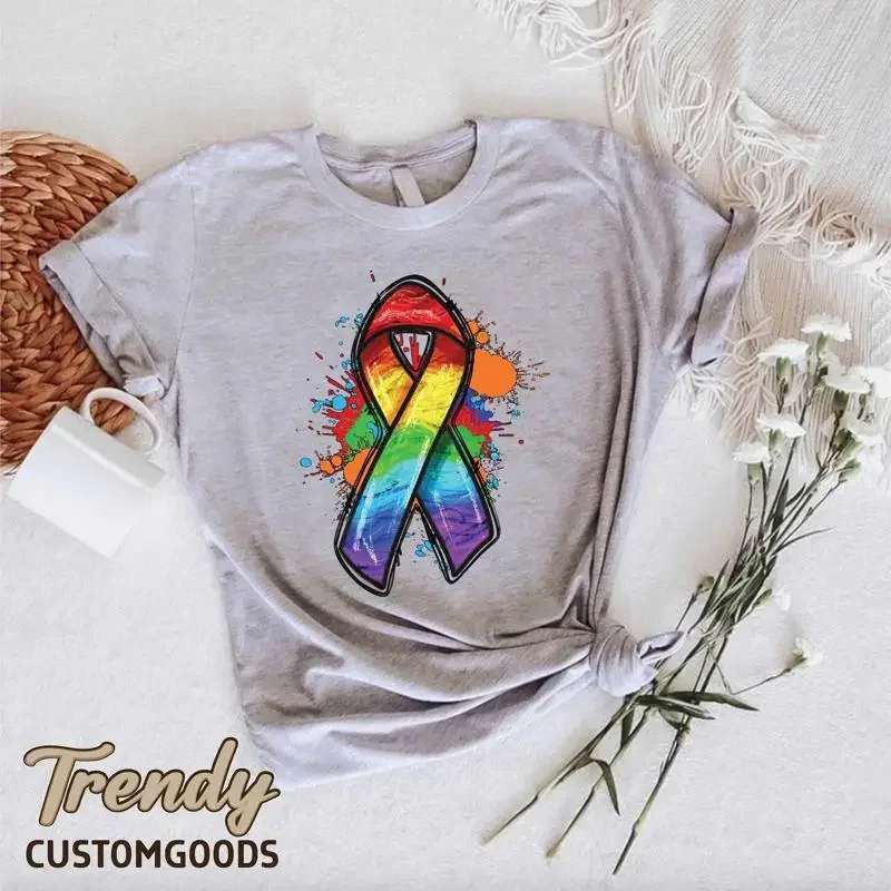 Rainbow Ribbon T Shirt Lgbtq Lgbt Awareness Gay Pride Human Rights Love is Trans Ally SupporT