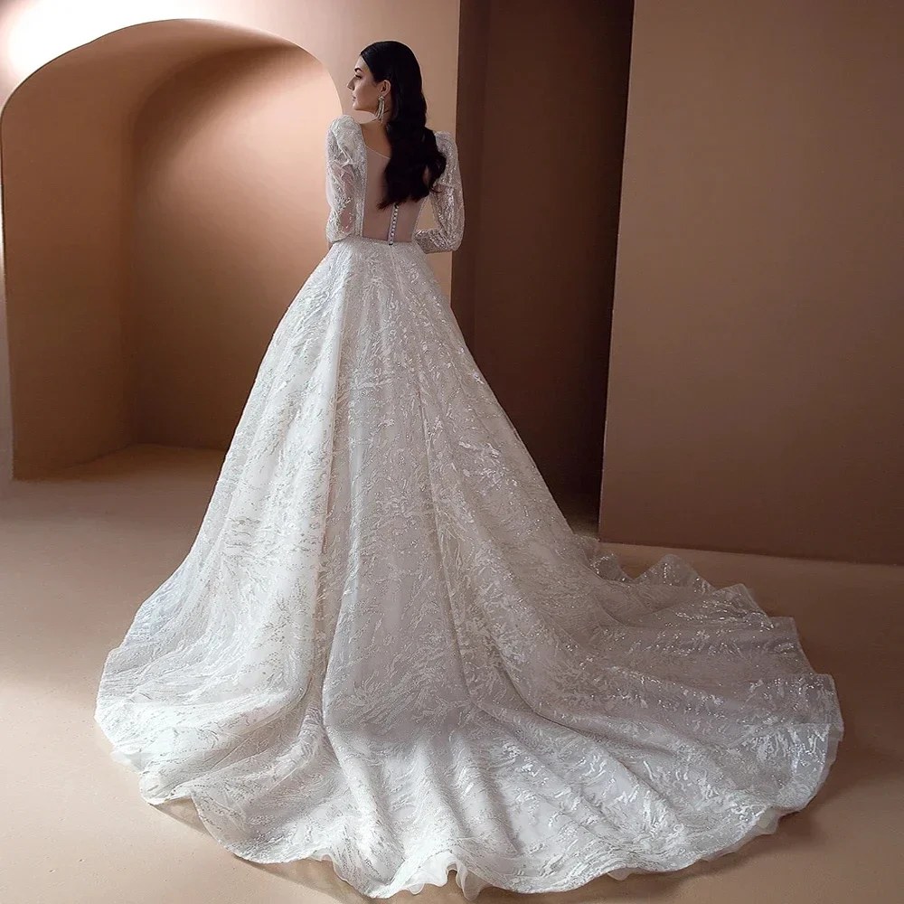 Customzied   Vestidos De Noiva Long Sleeves Wedding Dresses Square Neck Sequins Bride Gowns A-Line Princess  Robes De Mariée