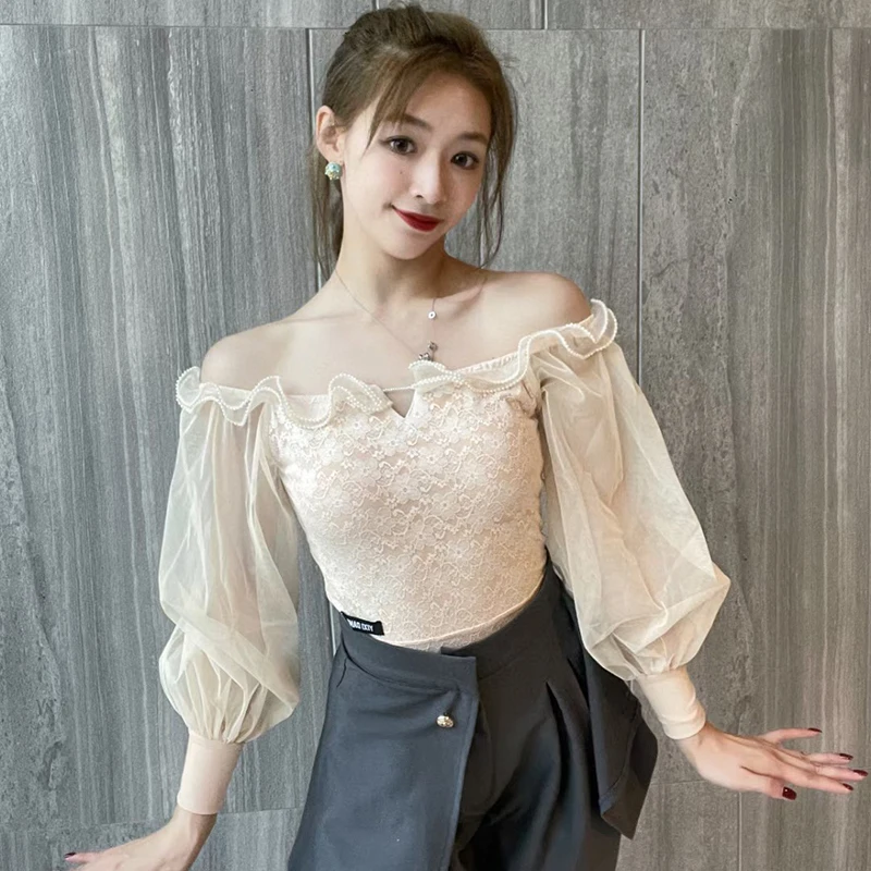 Ballroom Dance Clothes Women Fairy Lace Puff Sleeves Tops Adult Latin Dance Practice Wear Rumba Performance Clothing DNV18731