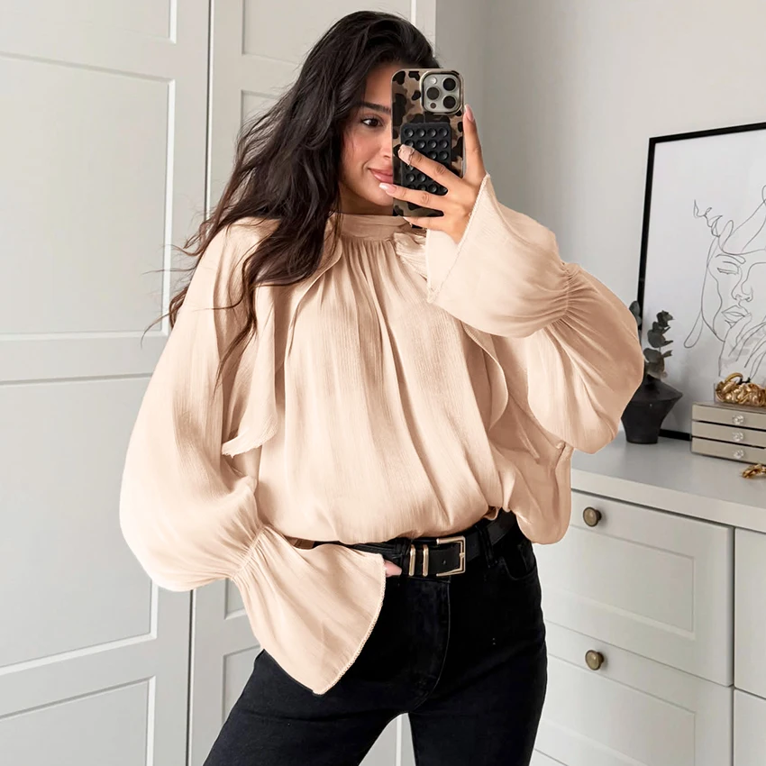 Linad Elegante Mesh Coltrui Shirts Vrouwelijke Street Chic Wijnrood Sheer Flare Mouw Blouse Vrouwen 2026 Lente Casual Losse Tops