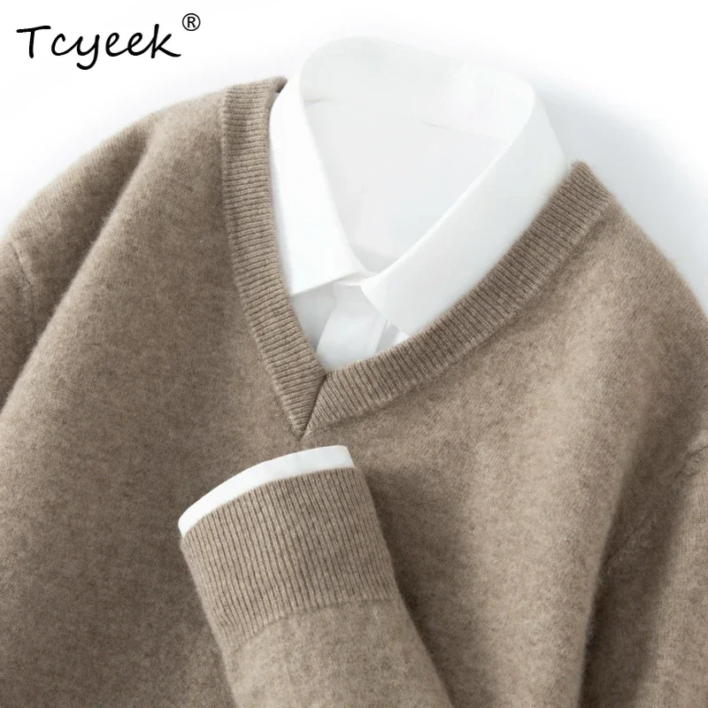 Basic Men's Sweater Pullover 100% Cashmere Sweater Autumn Winter Warm Thick Knitted V-Neck Clothes Casual High-end Business Tops