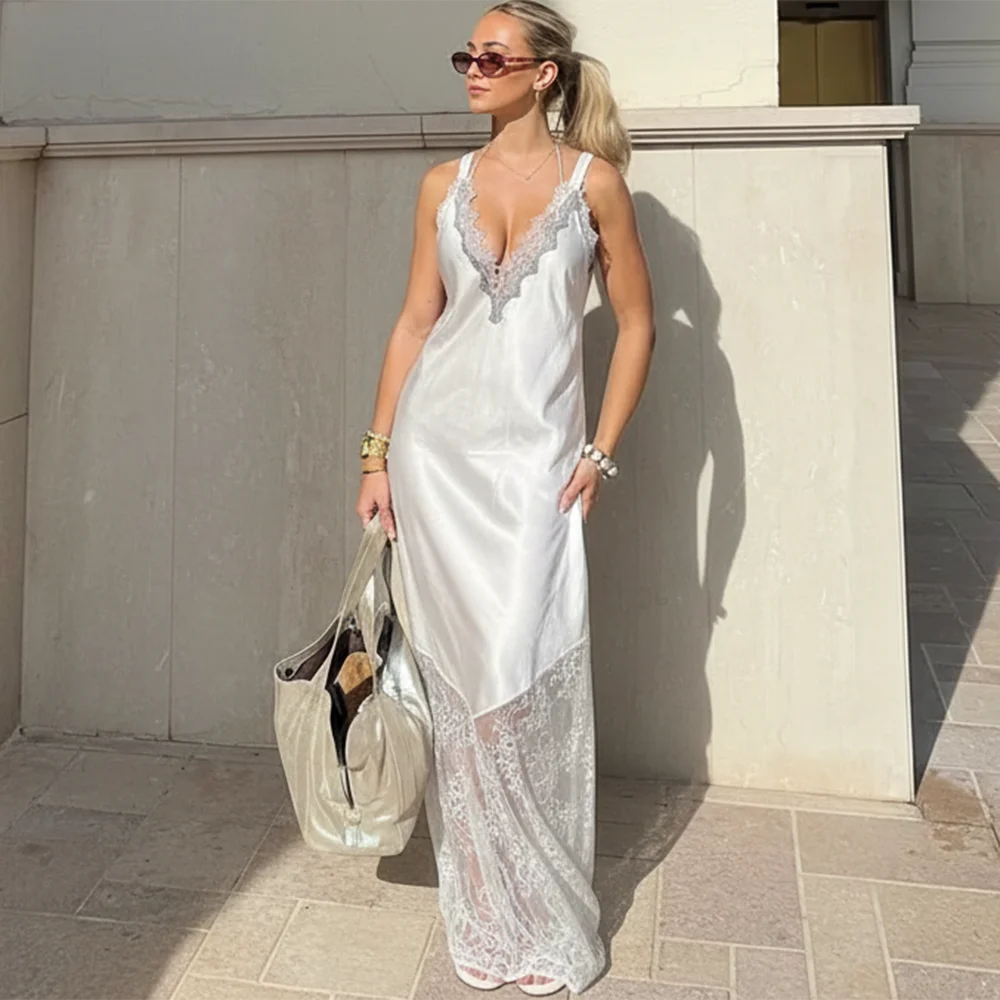 Ticketsx Sexy Lace Patchwork Dress Women V Neck See Through Sleeveless Long Dress Elegant High Street Backless Evening Dress