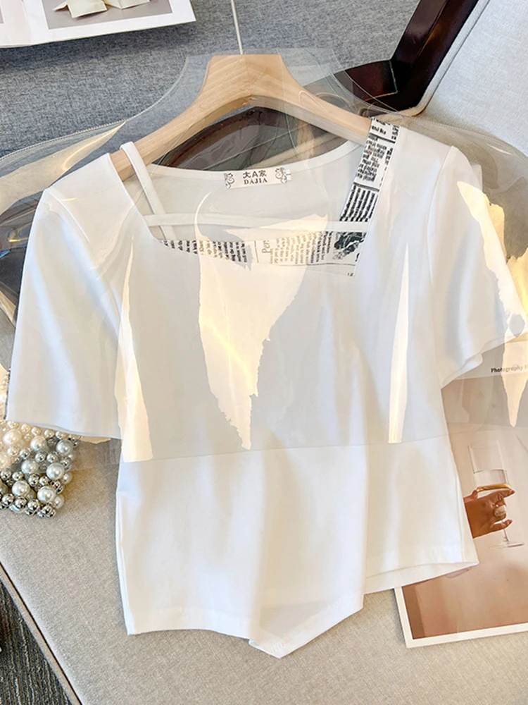 2023 Summer New V-neck Short Sleeve T-shirt Women's Versatile Slim Fit Off Shoulder Top