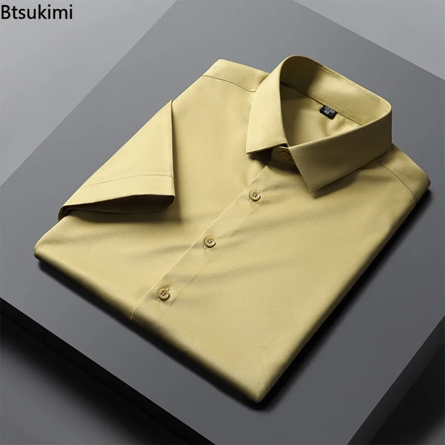 New Men's Dress Shirts High-end Non-Ironing Anti-Wrinkle Business Casual Social Shirts Solid Elastic Smooth Short Sleeves Shirts