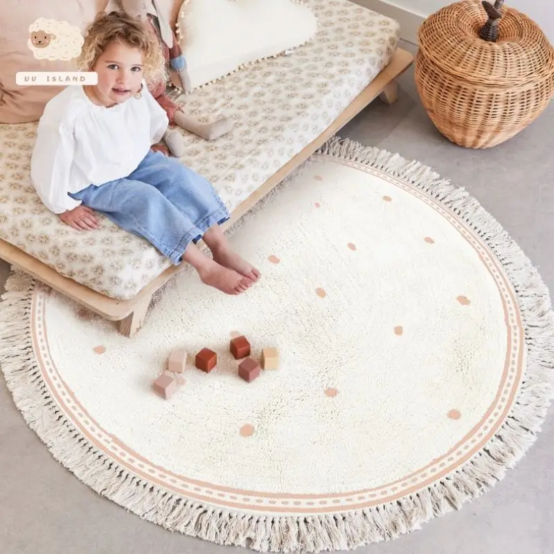 Alfombra esponjosa blanca para sala de estar, alfombrilla peluda para juegos de guardería para niños, alfombrilla para pies blanca suave, alfombra de felpa de puntos para dormitorio con Tasselsl