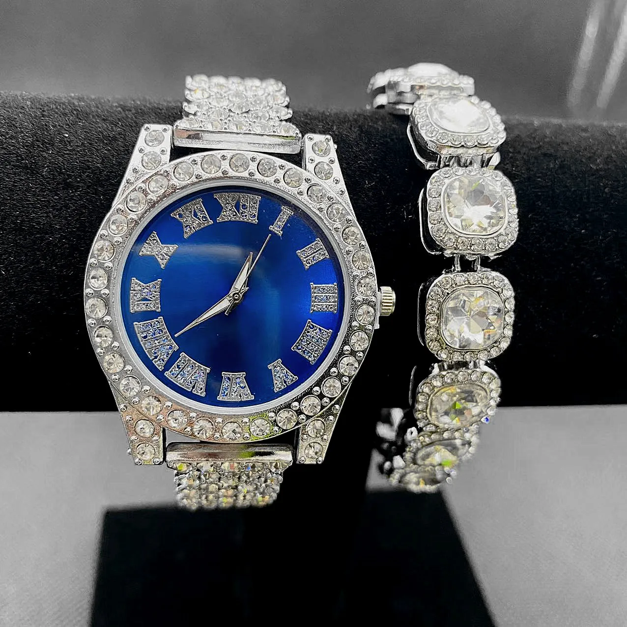 Full Iced Out Watch for Women Bling Bling Cuban Tennis Chain Bracelet Green Water Ghost Hip Hop Luxury Watches Women Set Relojes