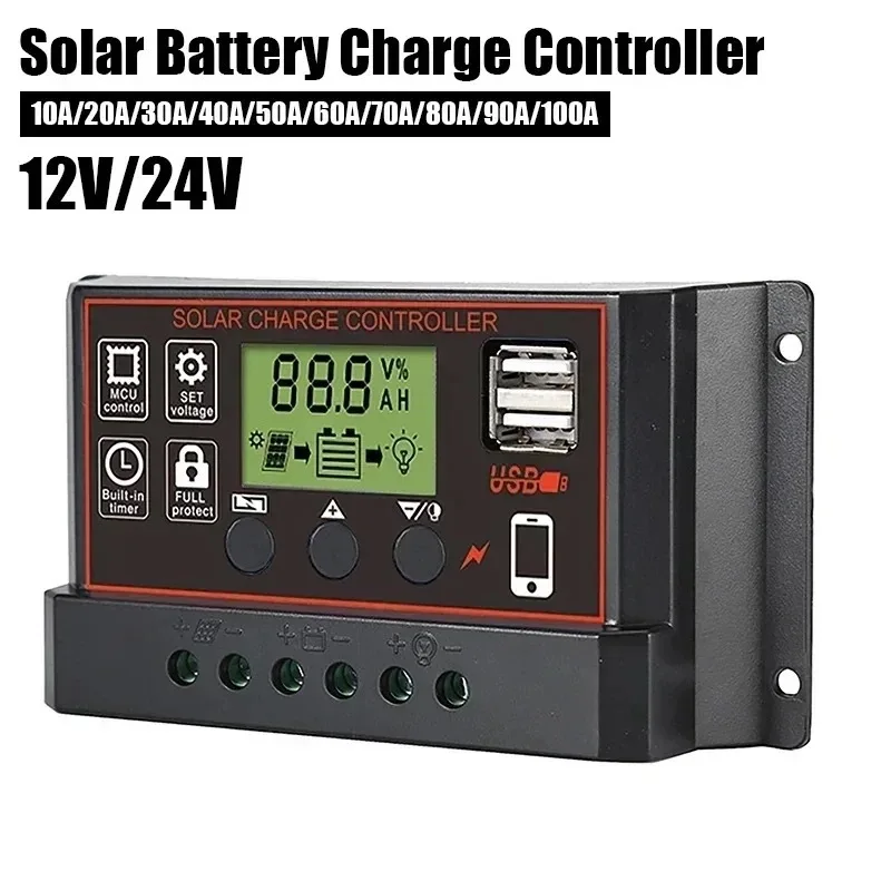 12V/24V 100A Solar Charge Controller AutoSwitch LCD Display with Overcharge/Short Circuit Protection for RV Boat Off-Grid System