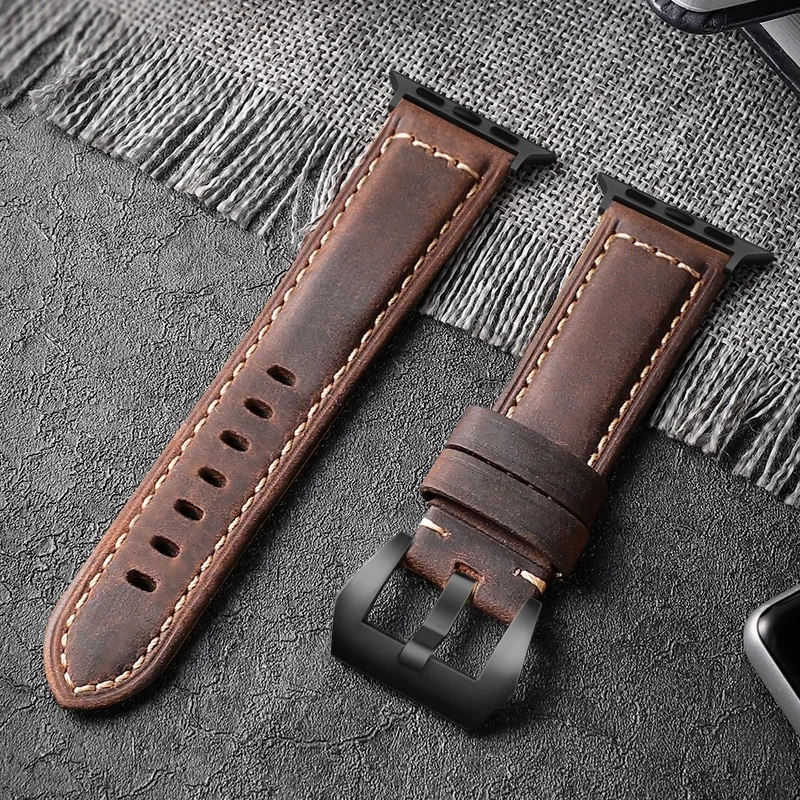 Vintage Crazy Horse Leather Strap for Apple Watch Series 9 8 7 6 5 4 3 Se Leather Strap Ultra 49mm 45mm 41mm 38 42 44 WatchBand