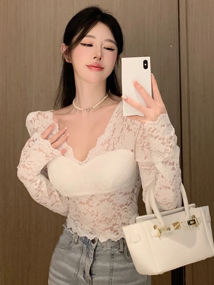 Lace Blouses Women V-neck Hotsweet Korean Style Solid All-match Princess Ladies Chic Temperament Fashion Ulzzang Classic Vintage