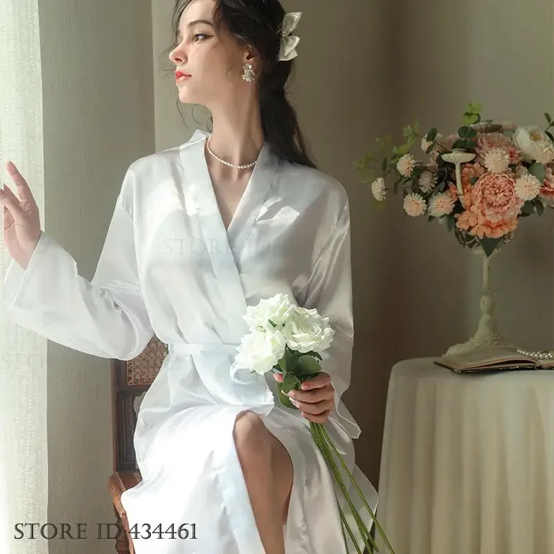 الأبيض الحرير الساتان العروس وصيفه الشرف الزفاف رداء فستان المرأة ملابس خاصة طويلة كيمونو البشكير ثوب مثير فضفاض ملابس المنزل المتسكعون