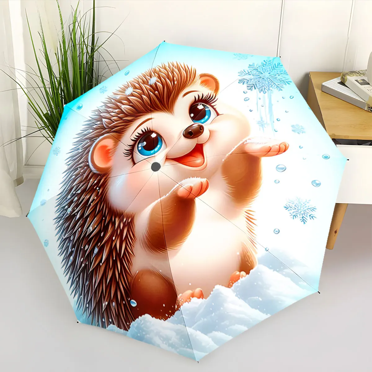 Cute Hedgehog In Snow With Blue Winter Scene Design portable waterproof sun rain umbrella for outdoor travel beach