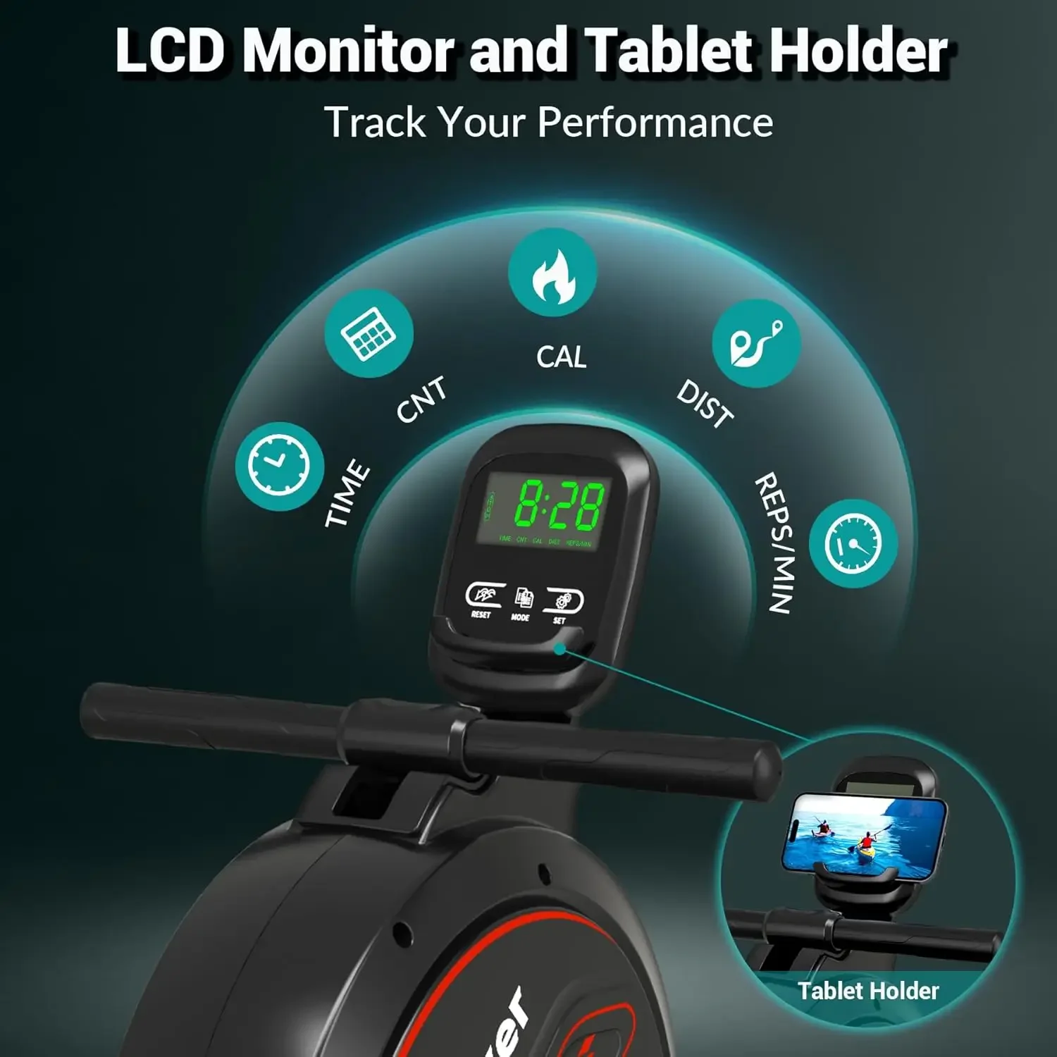 آلة التجديف، للمنزل، سعة وزن 350 رطل، همس أملس هادئ مع حامل لوحي بشاشة LCD