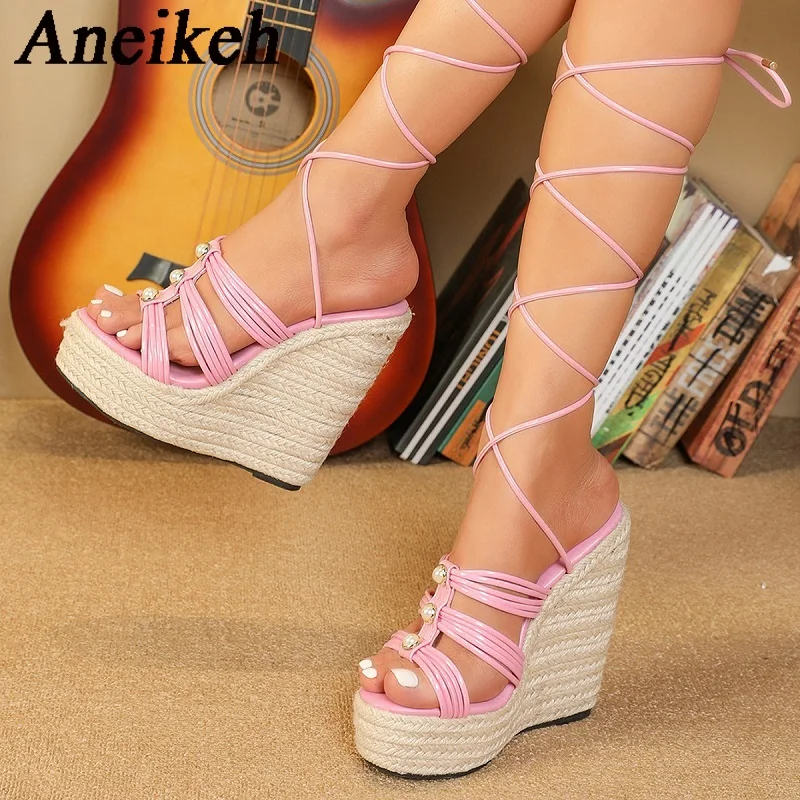 Aneikeh 2025 PU Narrow Band Pearl Decorative Lace-up Sandals Women's Fashion Sexy Platform Braid Wedges Shoes Party Club Zapatos