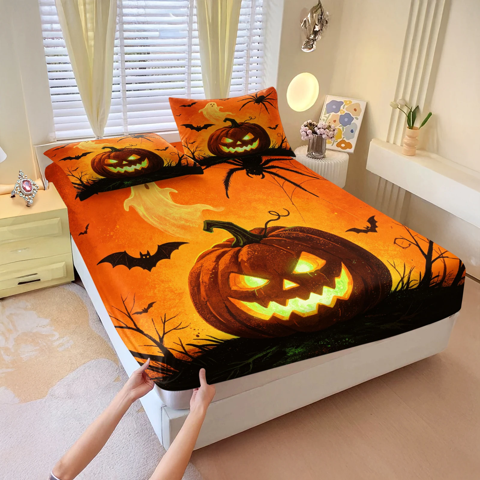 Halloween Glowing Pumpkin Fitted Sheet Set Scary Ghost Bat Spider Print Mattress Cover With Pillowcase Holiday Bedroom Bedding