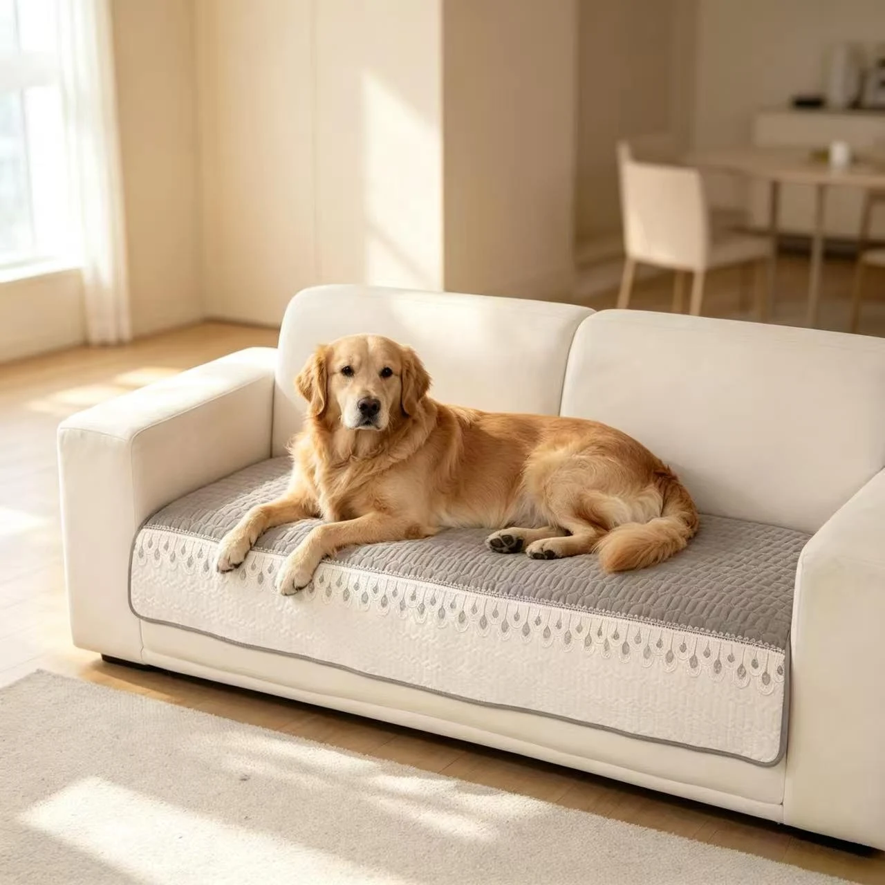 1pc Feather Lace Decor Quilted Non-Slip Sofa Cover, Pet Friendly Washable Slipcover Furniture Protector Living Room Home Decor
