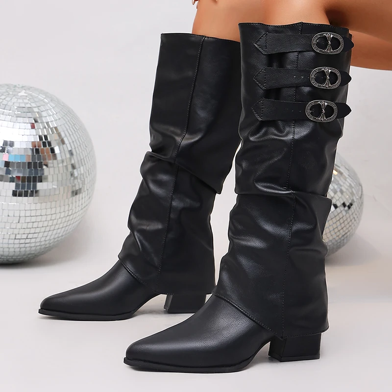Fashion Pleated Black Pu Leather Knee High Boots Women Autumn Pointed Toe Block Heel Long Boots Woman Multi Buckle Cowboy Shoes